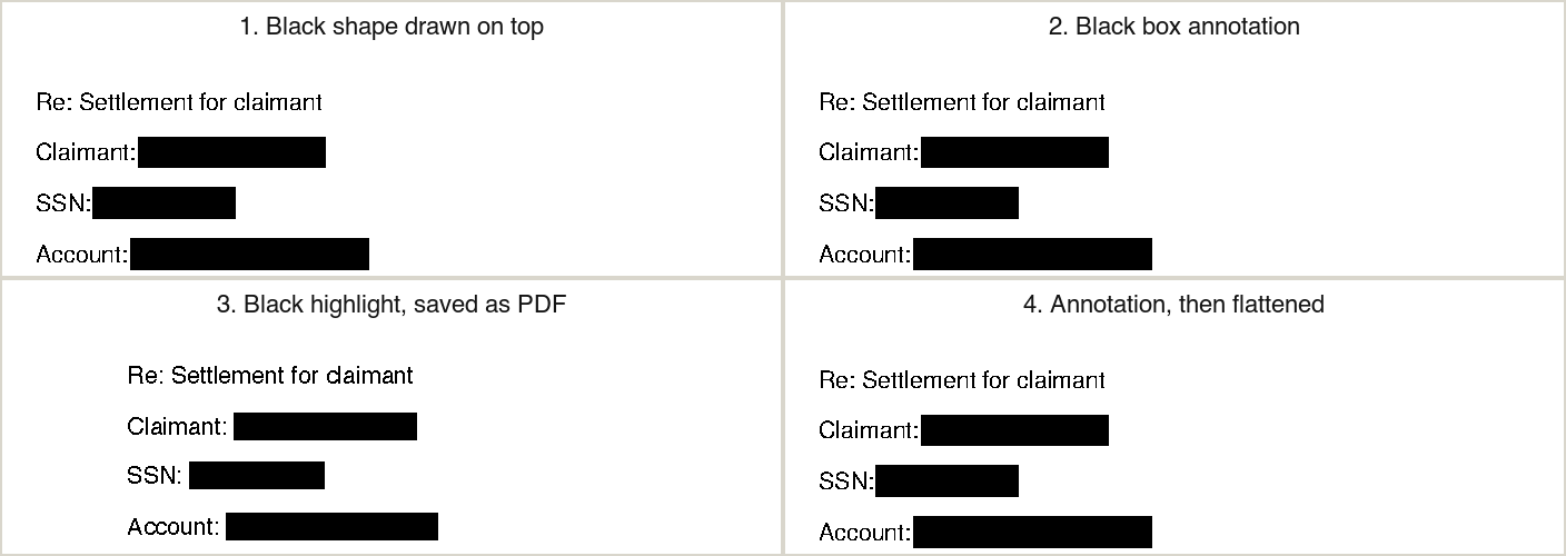 Four PDFs with black boxes over the claimant name, SSN and account number. All four look redacted.