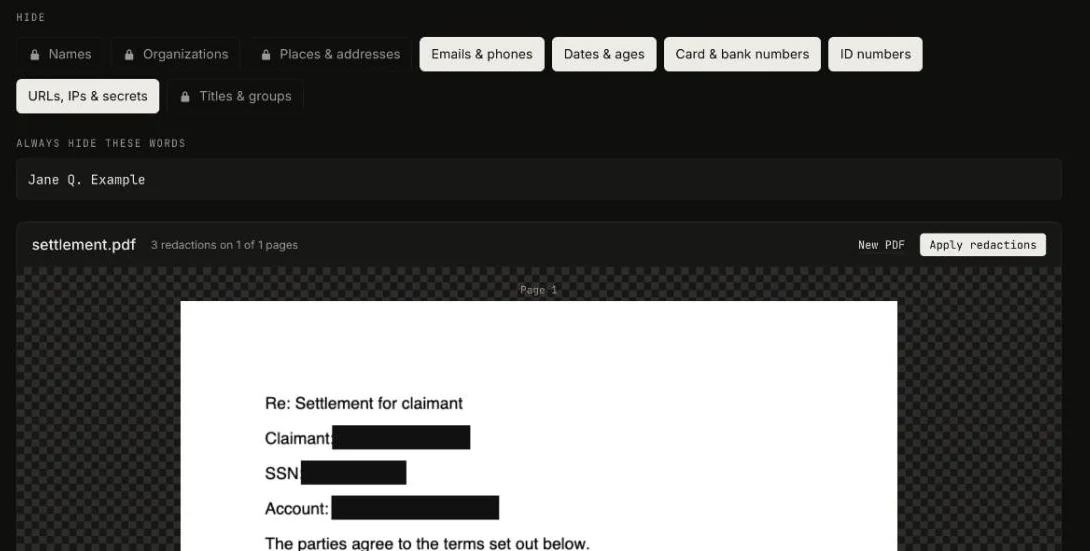 Redact PDF with a settlement letter loaded: the SSN and card number were found automatically, and the claimant’s name was added under Always hide these words.