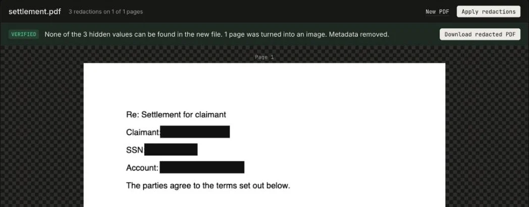 The result bar after applying: Verified. None of the 3 hidden values can be found in the new file. 1 page was turned into an image. Metadata removed.