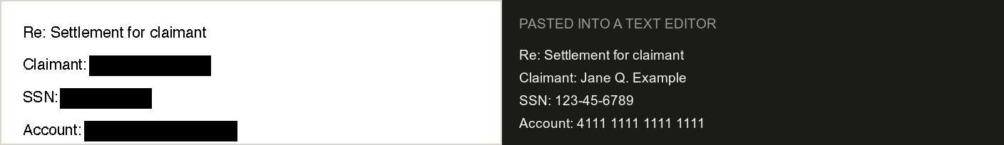 Left: a letter with black boxes over the claimant’s name, SSN and account number. Right: the same file pasted into a text editor, showing Jane Q. Example, 123-45-6789 and 4111 1111 1111 1111.