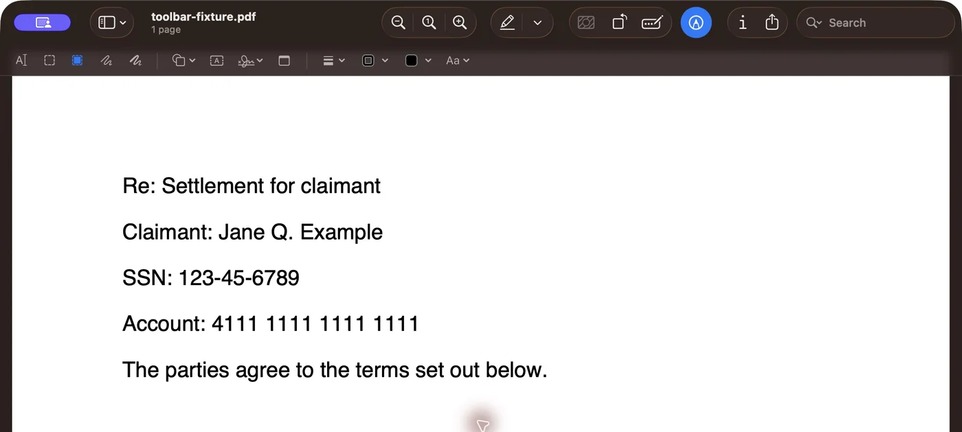 Preview’s Markup toolbar with the Redact button selected in blue, above the fake test letter containing Jane Q. Example, 123-45-6789 and 4111 1111 1111 1111.