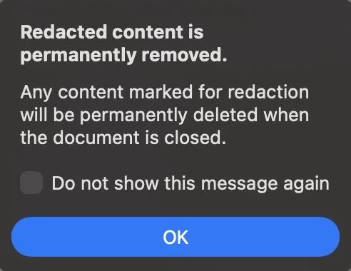 Preview’s Redact warning explains that content marked for redaction will be permanently deleted when the document is closed.