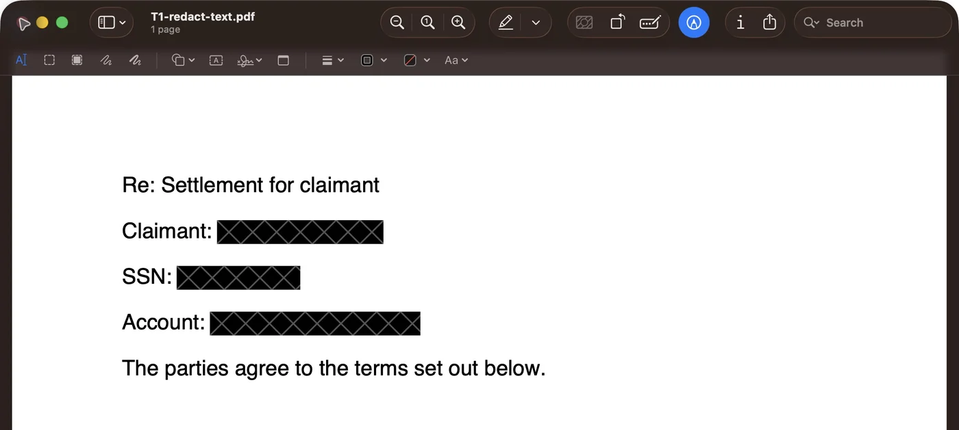 Preview after reopening the test letter, with crossed black marks over Jane Q. Example, 123-45-6789 and 4111 1111 1111 1111. The labels remain visible.
